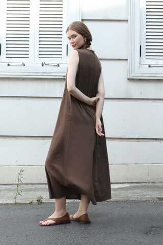 Sıfır Kol Keten Elbise Kahverengi - 3