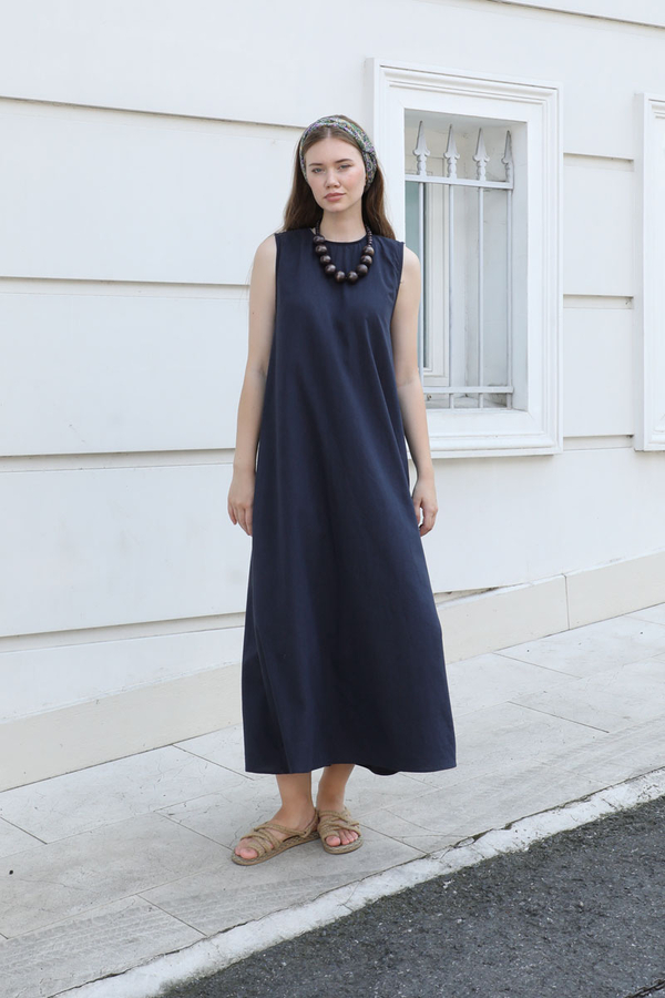 Sıfır Kol Keten Elbise Lacivert - 2