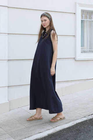Sıfır Kol Keten Elbise Lacivert - 1