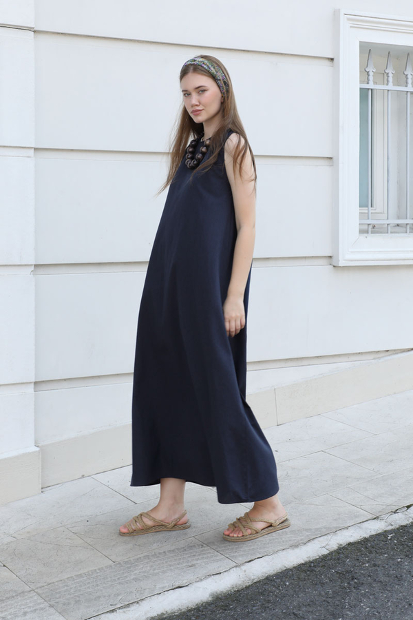 Sıfır Kol Keten Elbise Lacivert - 1