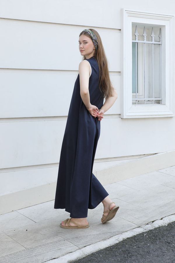 Sıfır Kol Keten Elbise Lacivert - 3