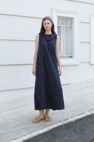 Sıfır Kol Keten Elbise Lacivert - 2