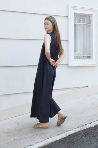 Sıfır Kol Keten Elbise Lacivert - 3