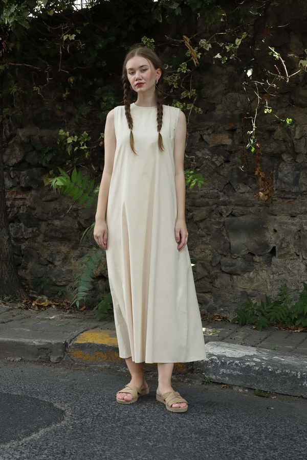 Sıfır Kol Keten Elbise Taş - 1