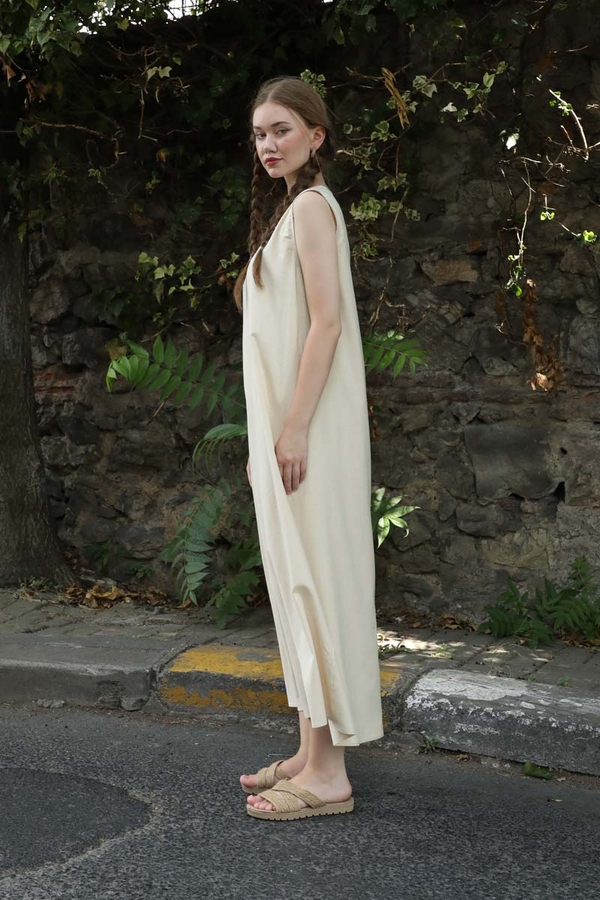 Sıfır Kol Keten Elbise Taş - 2