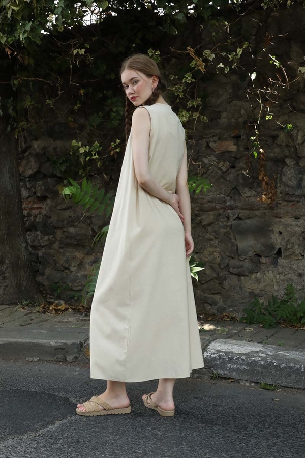 Sıfır Kol Keten Elbise Taş - 3