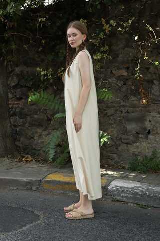 Sıfır Kol Keten Elbise Taş - 2