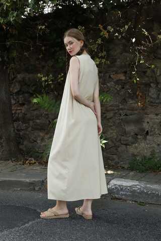 Sıfır Kol Keten Elbise Taş - 3