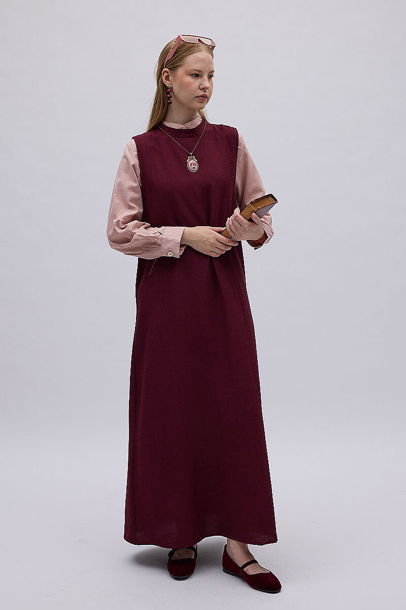 Sıfır Kol Natural Elbise Bordo (1)
