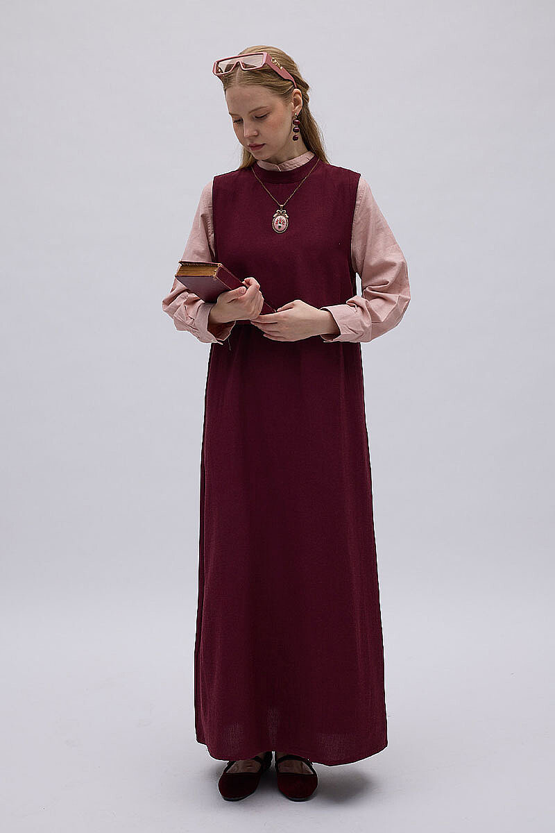 Sıfır Kol Natural Elbise Bordo - 6