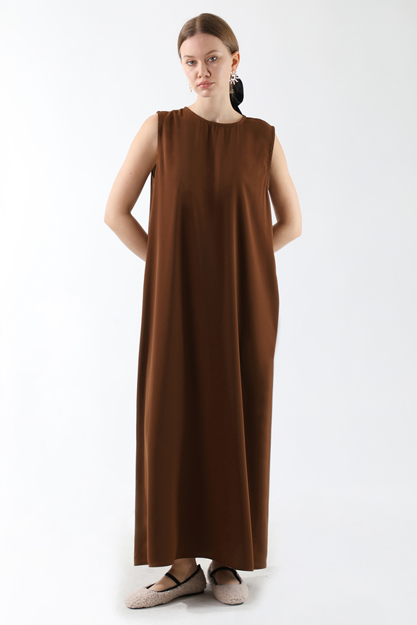 Sıfır Kol Uzun İçlik Elbise Acı Kahve (1)
