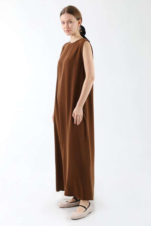 Sıfır Kol Uzun İçlik Elbise Acı Kahve - 4