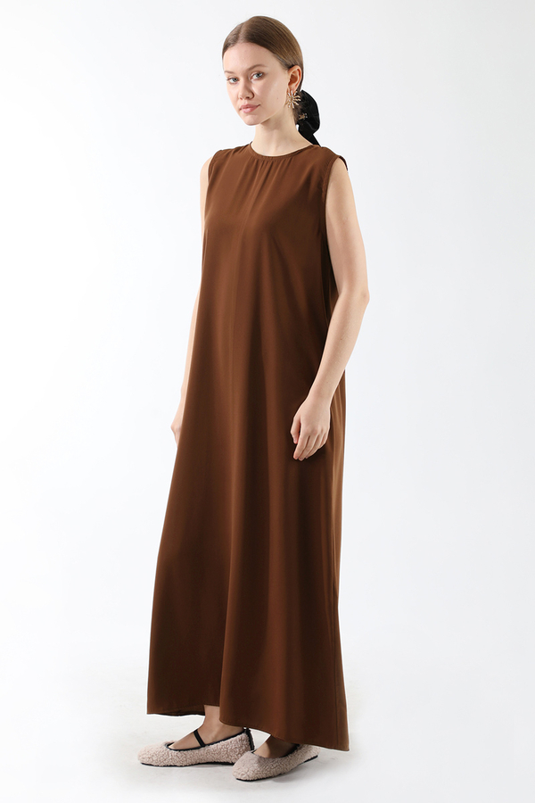 Sıfır Kol Uzun İçlik Elbise Acı Kahve - 5