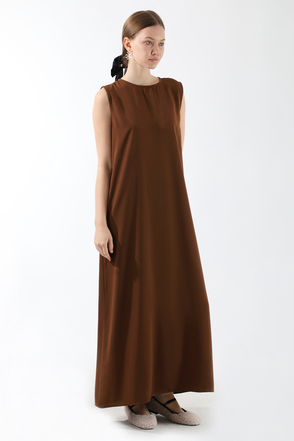 Sıfır Kol Uzun İçlik Elbise Acı Kahve - 3