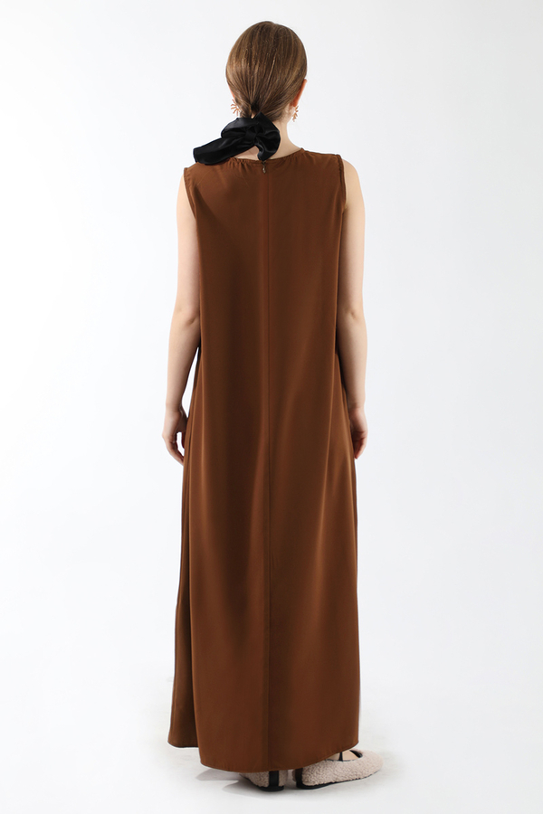 Sıfır Kol Uzun İçlik Elbise Acı Kahve - 6