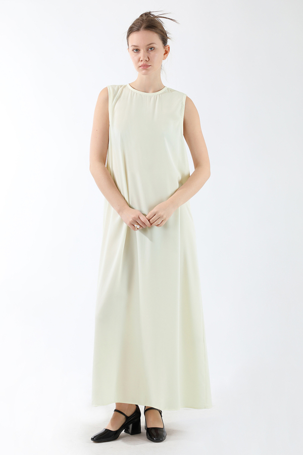 Sıfır Kol Uzun İçlik Elbise Ekru 