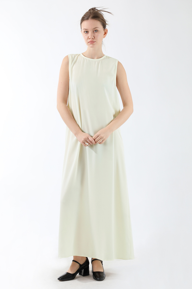 Sıfır Kol Uzun İçlik Elbise Ekru