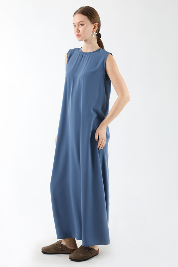 Sıfır Kol Uzun İçlik Elbise İndigo - 4