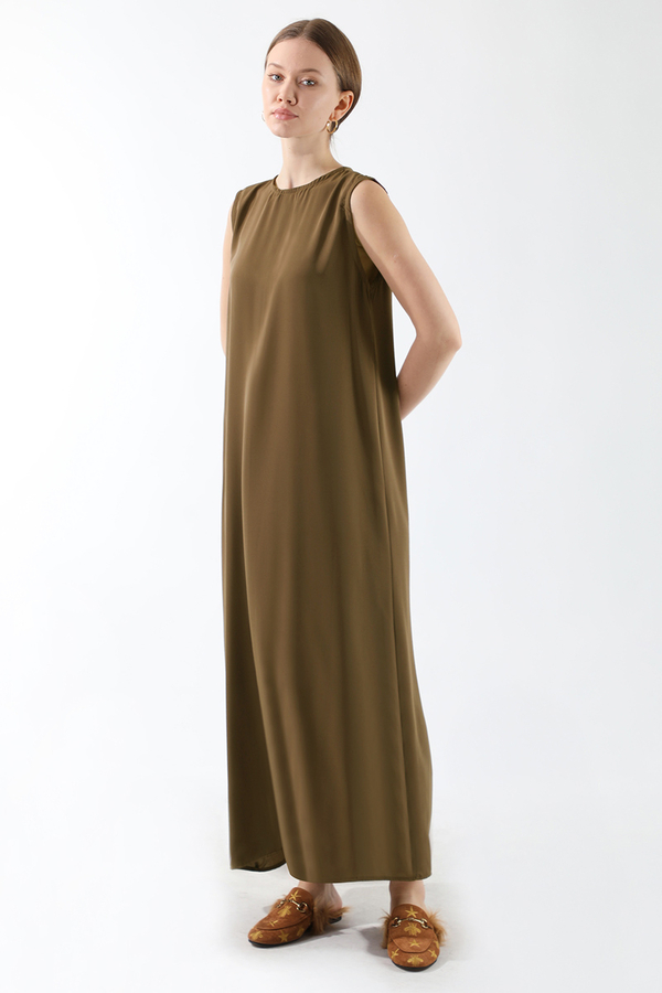 Sıfır Kol Uzun İçlik Elbise Kahverengi - 2