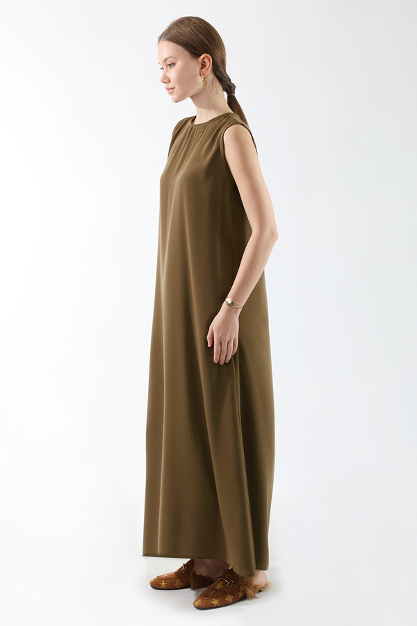 Sıfır Kol Uzun İçlik Elbise Kahverengi - 4