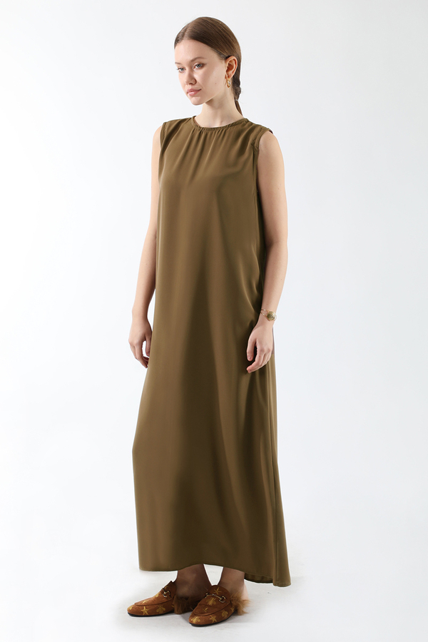 Sıfır Kol Uzun İçlik Elbise Kahverengi - 5