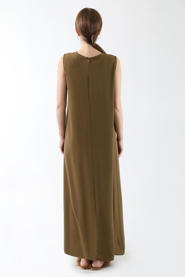 Sıfır Kol Uzun İçlik Elbise Kahverengi - 6