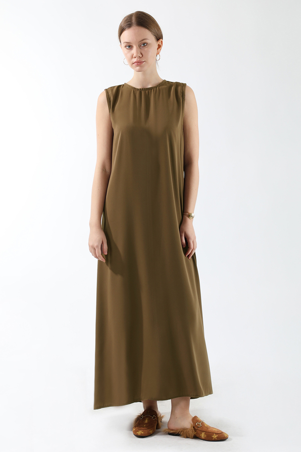 Sıfır Kol Uzun İçlik Elbise Kahverengi - 3