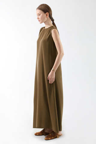 Sıfır Kol Uzun İçlik Elbise Kahverengi - 4