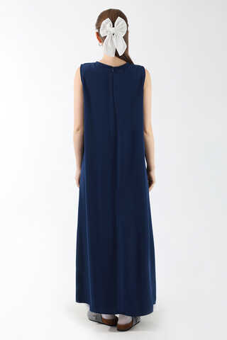 Sıfır Kol Uzun İçlik Elbise Lacivert - 5