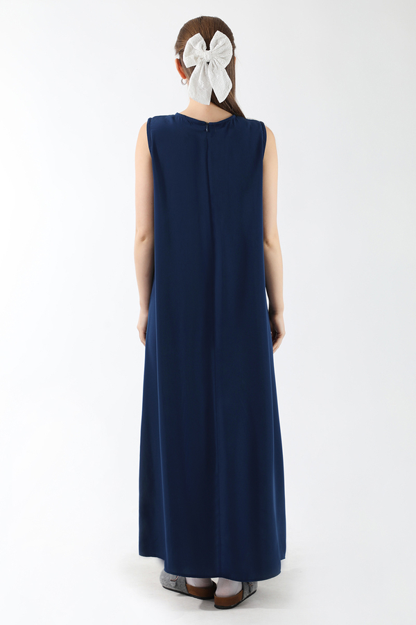 Sıfır Kol Uzun İçlik Elbise Lacivert - 5