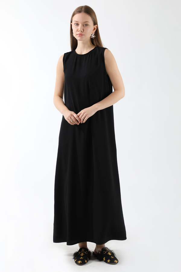 Sıfır Kol Uzun İçlik Elbise Siyah - 3