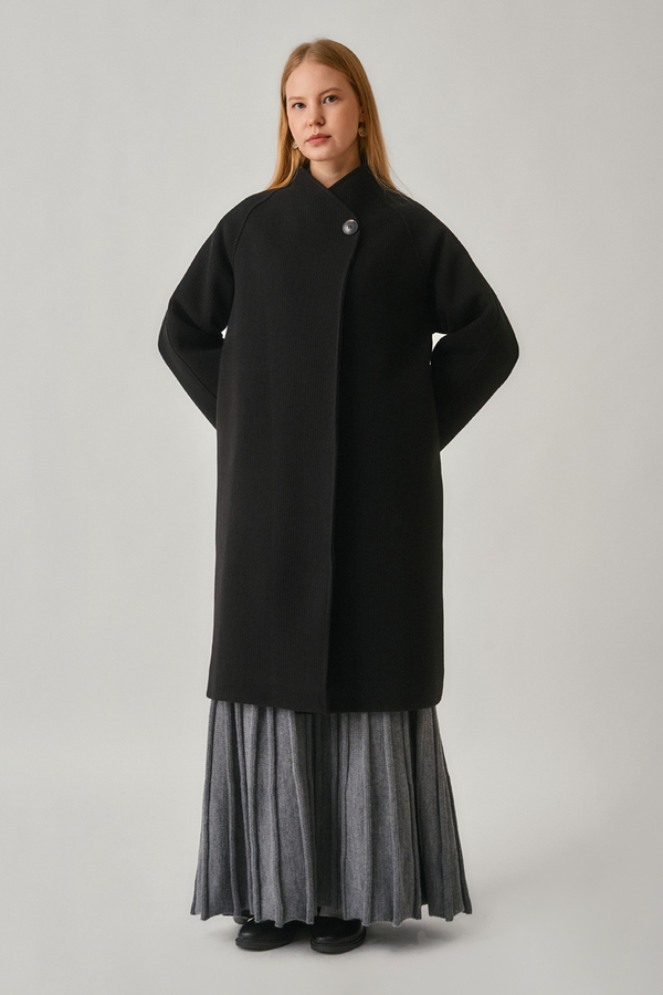 Single-Button Double-Breasted Coat Black - 4