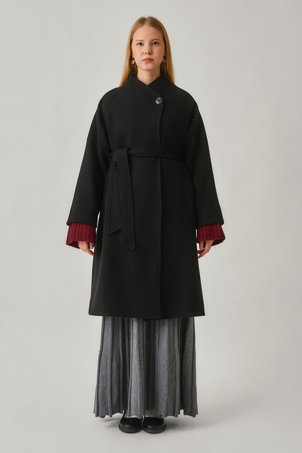 Single-Button Double-Breasted Coat Black - 5