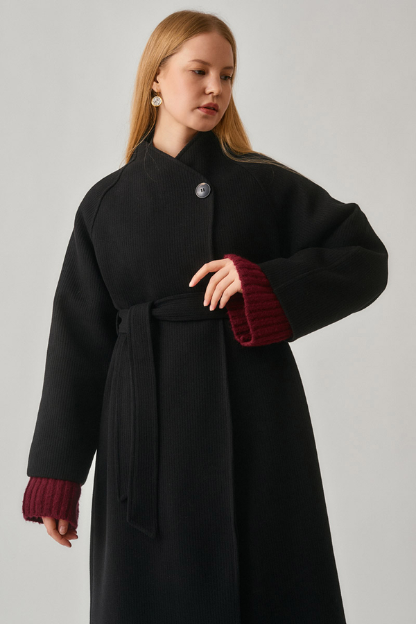 Single-Button Double-Breasted Coat Black - 6