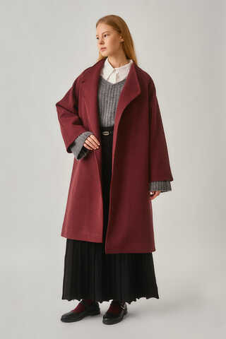 Single-Button Double-Breasted Coat Burgundy - 2