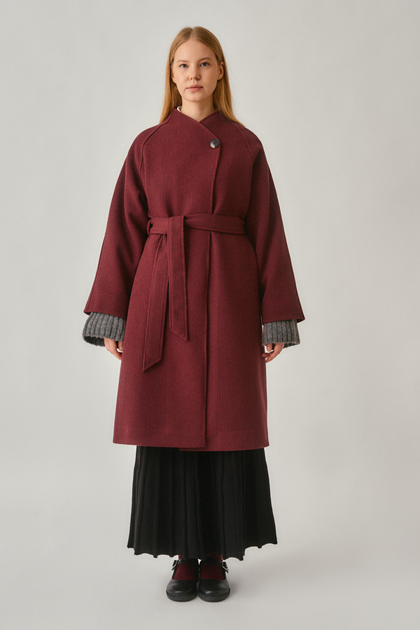 Single-Button Double-Breasted Coat Burgundy - 5