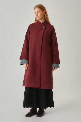 Single-Button Double-Breasted Coat Burgundy - 6