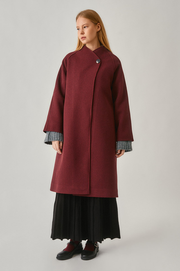 Single-Button Double-Breasted Coat Burgundy - 6
