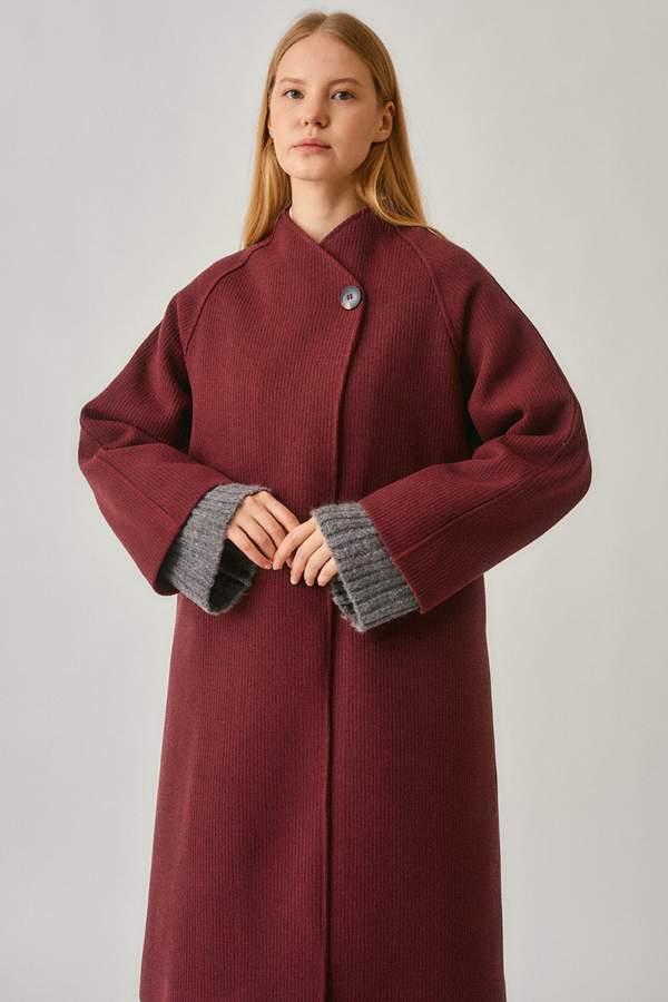 Single-Button Double-Breasted Coat Burgundy - 7