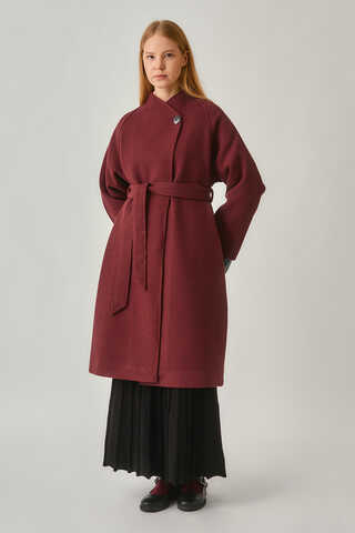 Single-Button Double-Breasted Coat Burgundy - 9