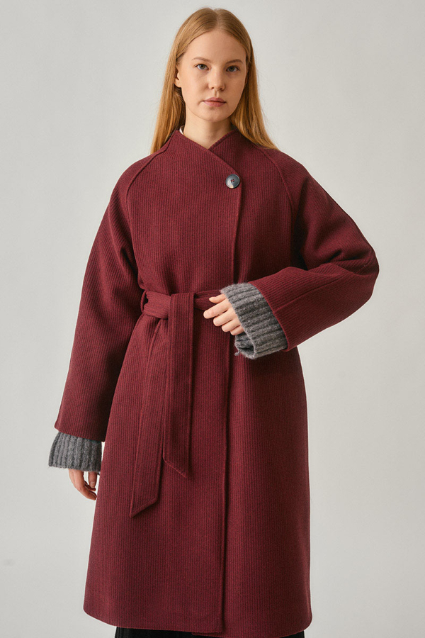 Single-Button Double-Breasted Coat Burgundy - 10