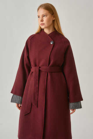 Single-Button Double-Breasted Coat Burgundy - 11
