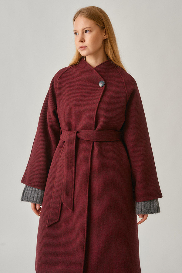 Single-Button Double-Breasted Coat Burgundy - 11