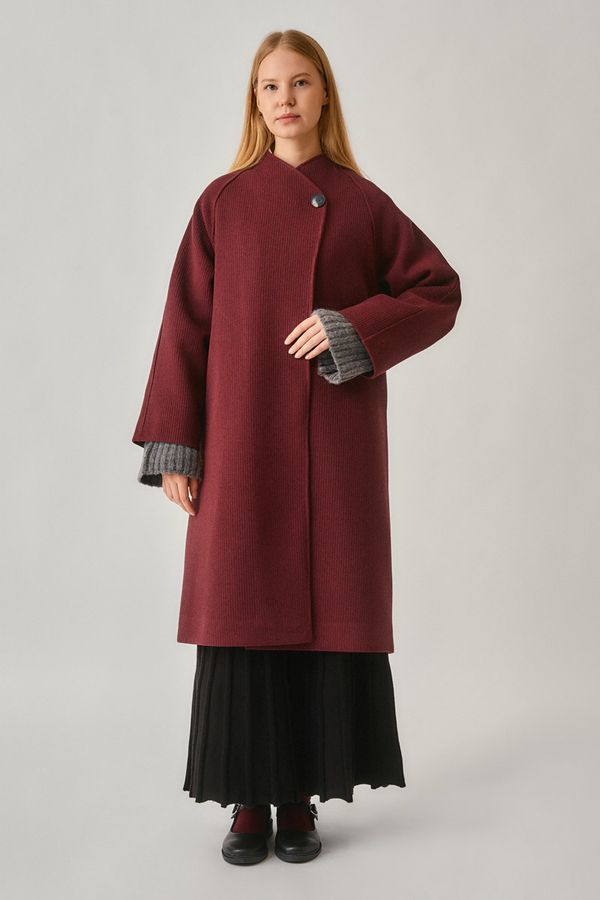 Single-Button Double-Breasted Coat Burgundy - 14