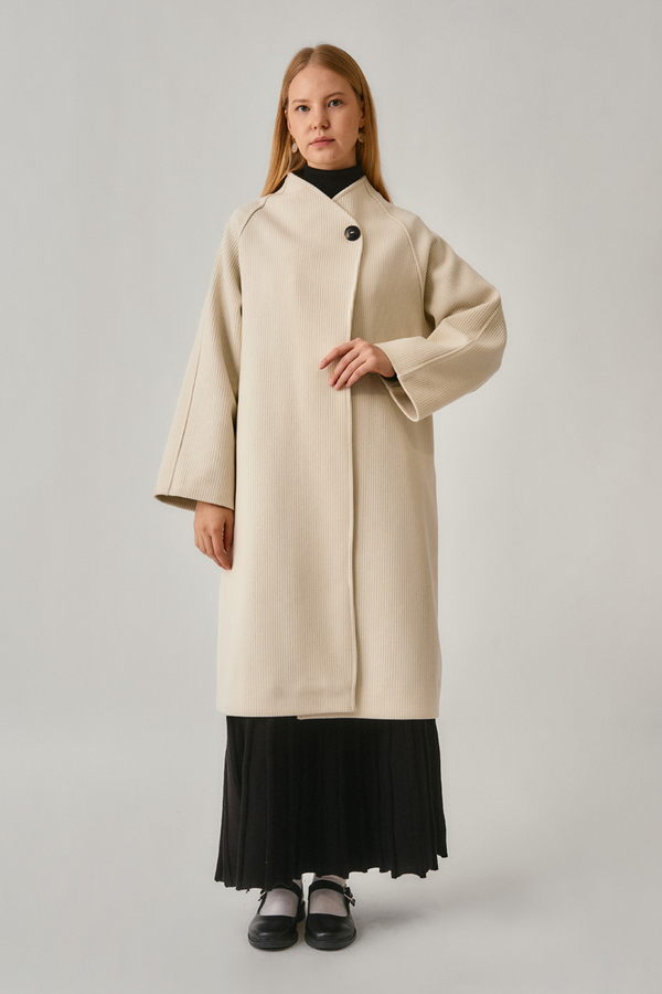 Single-Button Double-Breasted Coat Ecru - 3