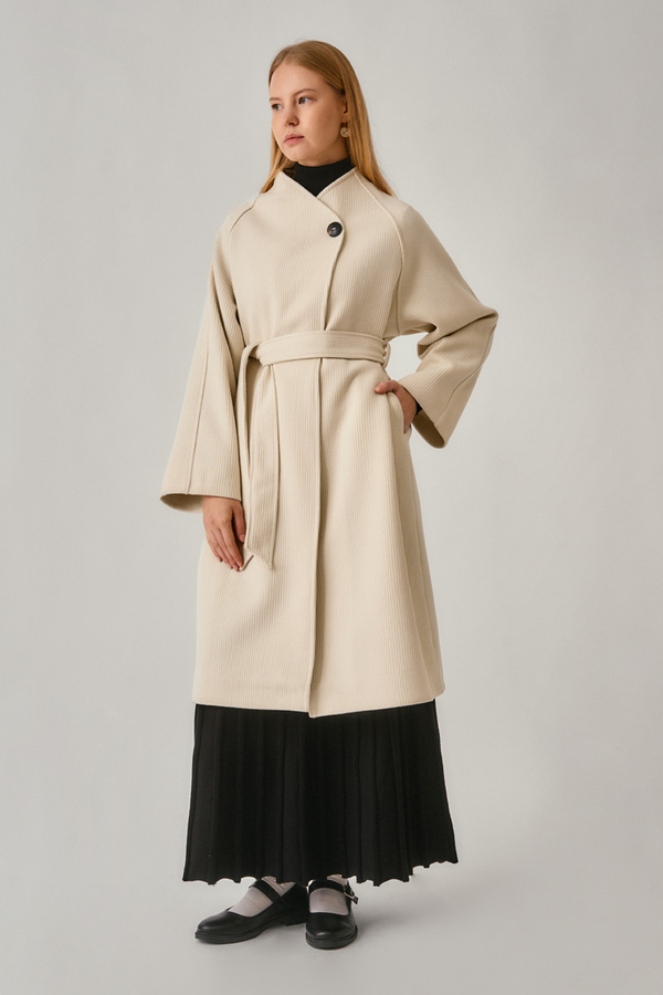 Single-Button Double-Breasted Coat Ecru - 4