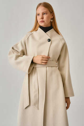 Single-Button Double-Breasted Coat Ecru - 5