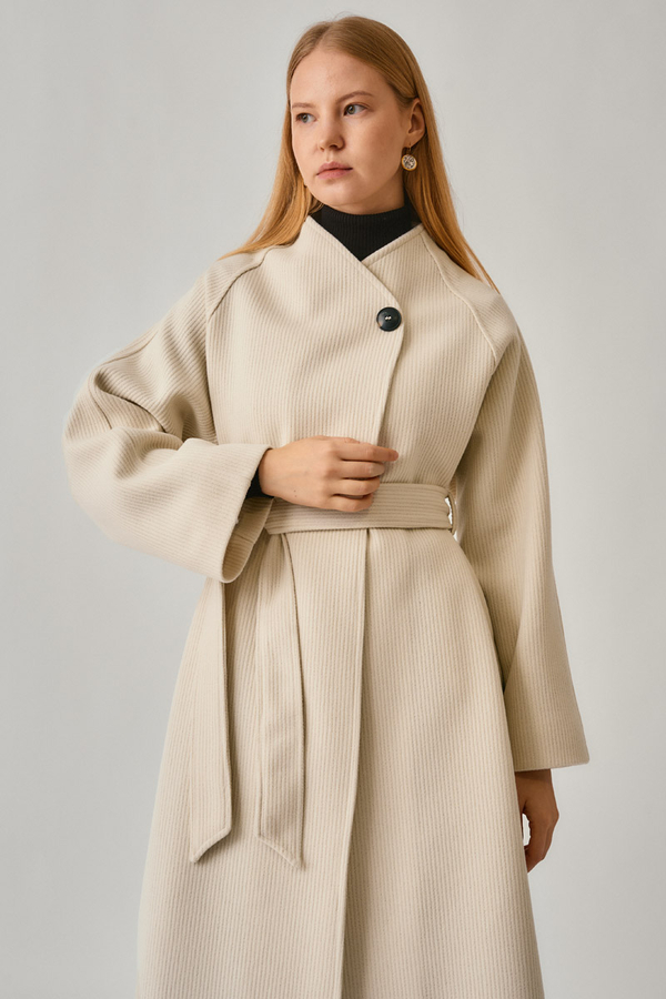 Single-Button Double-Breasted Coat Ecru - 5