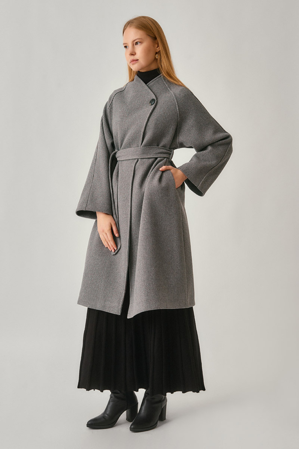 Single-Button Double-Breasted Coat Grey - 5