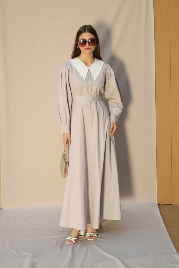 Sivri Bebe Yaka Elbise Çakıl - 1